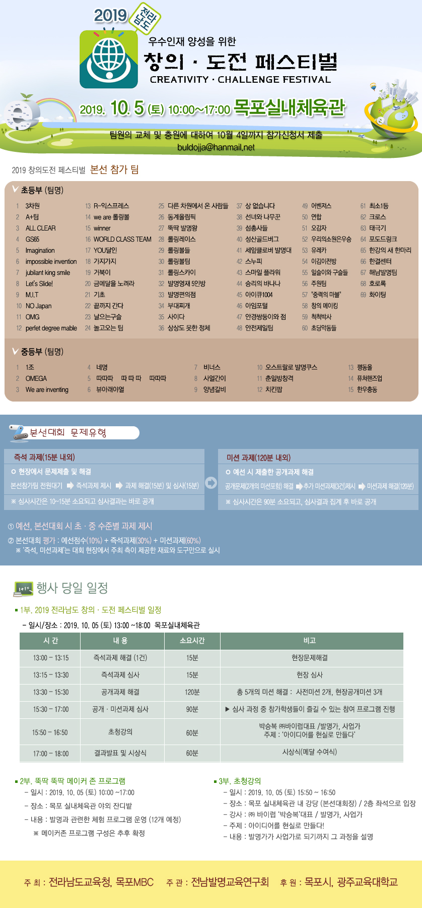 2019창의도전 페스티벌 본선 참가 팀